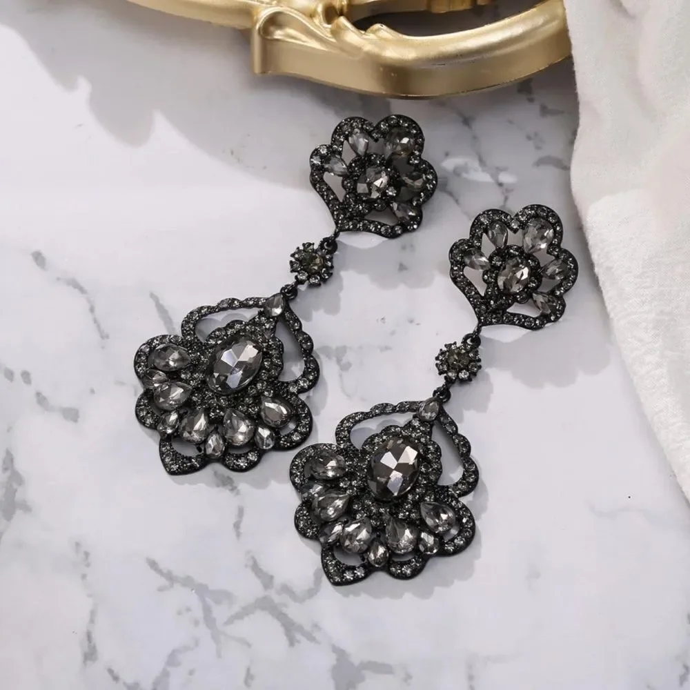 Carbon Black with Charcoal Gray Austrian Crystal Teardrop Chandelier Earrings